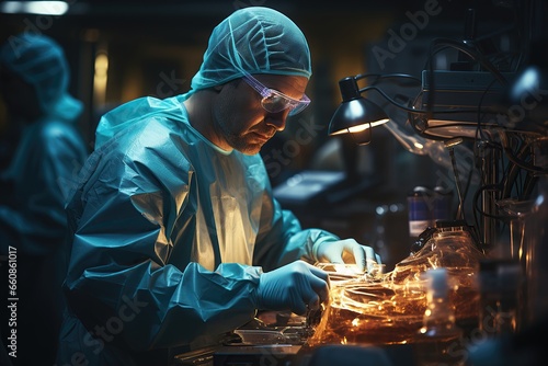 The nervous surgical instrument specialist prepares the surgical instruments in the operating room
