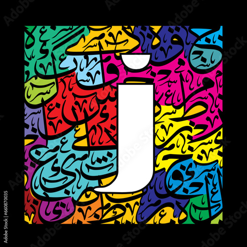 Arabic Calligraphy Alphabet letters or font in Kufic style, Stylized Multicolor islamic calligraphy elements on Colorful thuluth background, for all kinds of religious design