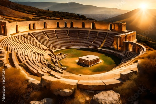An ancient Greek amphitheater nestled in the hills, bathed in golden sunlight.