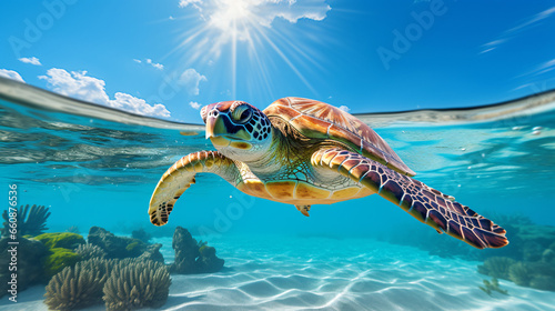 A sea turtle in a clear ocean