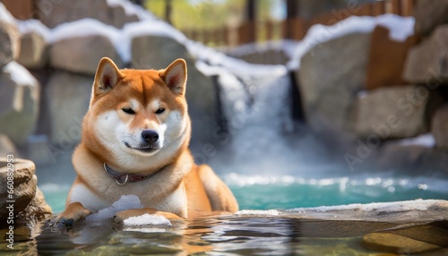 Dog enjoying vacation and relaxing in hot springs