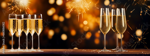 Elegant New Year's Eve celebration, champagne glasses raised in a toast against a backdrop of fireworks.