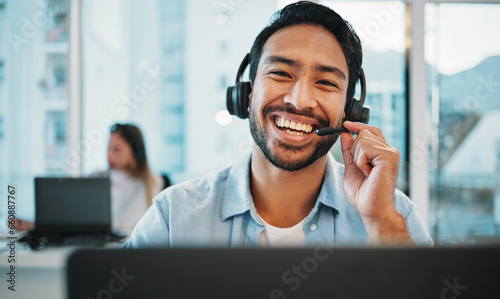 Man, happy portrait and call center, business communication, customer service and contact us in office. Face, smile and Asian consultant laugh in virtual chat, helping or online support on a computer