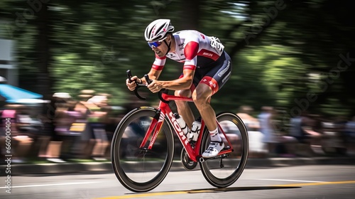 Cyclist in action: a dynamic shot of a professional racer breaking away from the pack on a rural road