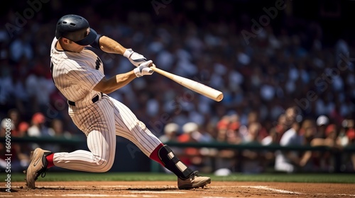 Baseball player hitting home run at outdoor stadium with crowd