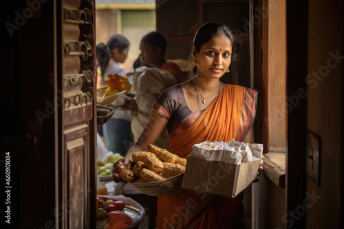 Indian woman packing of gift boxes
