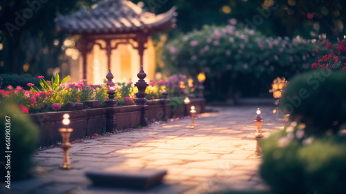 Photo of temple garden, sunset, temple, garden, flowers, golden hour, light bokeh, intricate, sharp focus, soft lighting, vibrant colors, masterpiece