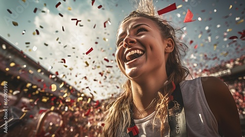 Happy female footballer celebrating victory with confetti on green field