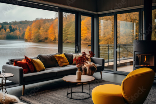 Cozy and colorful living room in a beautiful rustic cottage with big windows and views of the lake or river and forest, Scandinavian interior design