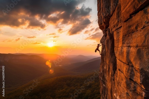Photo of rock climbing with natural background and sunset