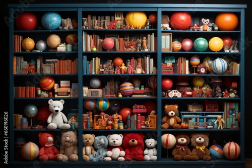 Toy store shelf filled with stuffed animals, board games, and action figures, Generative AI