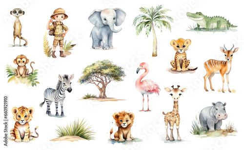 Watercolor big safari set isolated on white. African safari animals - elephant, giraffe, crocodile, tiger, lion, cheetah, zebra, flamingo, monkey, meerkat and others, young explorer and African trees.