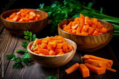 Different cuts of carrot in bowls on wooden background.