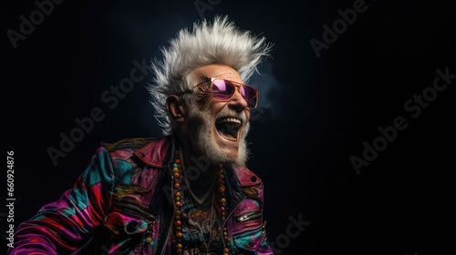 In this photograph, a man passionately sings, embodying the edgy style of punk rock modernism against a dark background. Generative Ai.