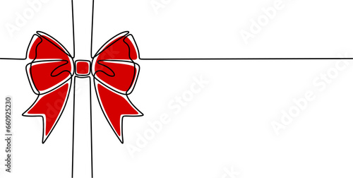 One line red ribbon bow gift. Minimalist single line art. Bow isolated on white background.