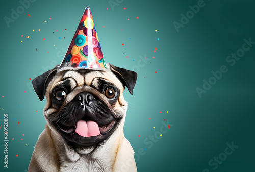 pug dog and black cat with birthday cap on head and cake with candles in front isolated on background,celebrating.funny domestic pets ,happy face,animal with tongue out.generative ai