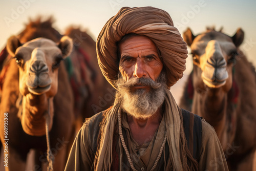old age man walking with camels in the desert.