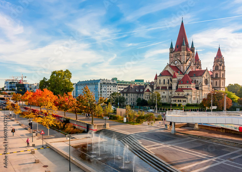 St. Francis of Assisi church and Danube river embankment in autumn, Vienna, Austria