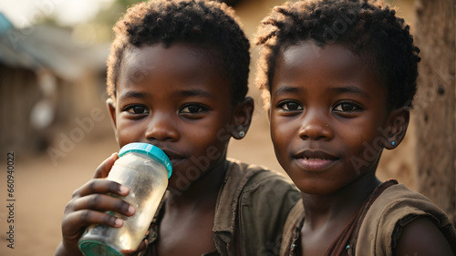 Two happy rural kids drinking water from a bottle. Generative AI.