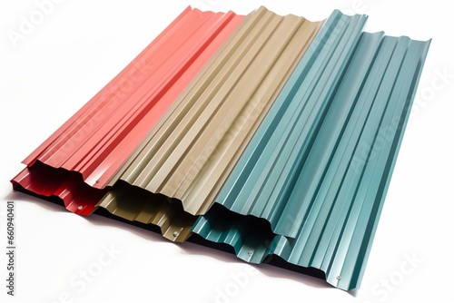 Stacked metal corrugated roof sheets in four colors on a white background. Generative AI