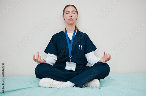 Woman, nurse and meditate to relax in hospital, healing and break from work, yoga and calm for mental health. Medical professional, peace and wellness for aura, zen and chakra for balance in career