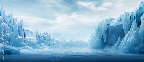 Frozen waterfall. Winter landscape with Large icebergs, ice,icicle. Panoramic arctic view. Harsh snowy, ice wonderland. Fantasy art concept. Generative ai