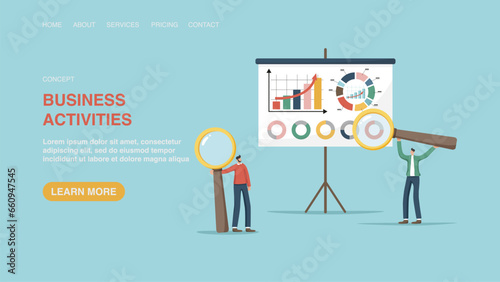 Vector illustration for website or web page, banner with men with magnifying glasses near board with graphs. Business activities, accounting for investment portfolio, analyzing income and expenses.