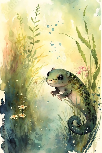 Cute salamander playing in a springtime swamp lily pads weeping willow wildflowers watercolor wash pastel colors happy 
