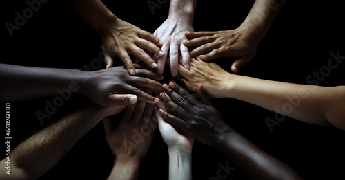 Work together, support each other, diversity, unity concept with many hands put together in the air. Hands of people of different colors. Generative AI image.