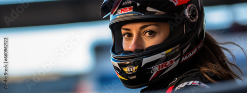 A close-up of a female racer wearing a safety helmet.