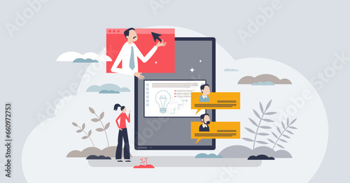 Online tutor as distant learning or teaching web platform tiny person concept. Support and help with intelligent guidance teacher, streaming homework explanation using internet vector illustration.