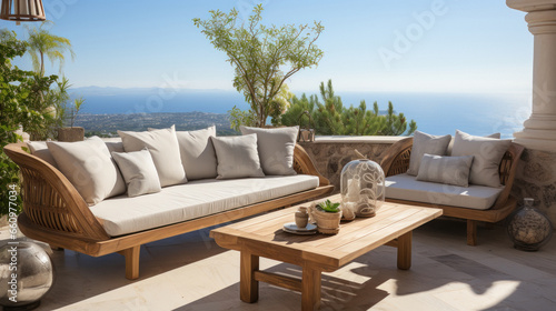 Sofa and coffee table in the open balcony of a luxurious house