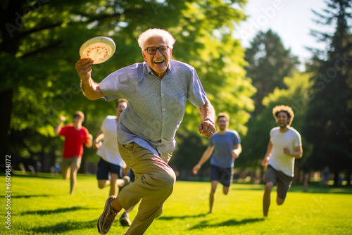 In a lush park, seniors engage in a friendly game of frisbee, their smiles radiant as they run and leap to catch the flying disc, their camaraderie and vitality shining through. 