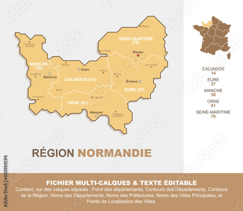 Carte de la région Normandie, ses départements et ses villes