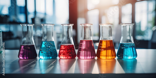 Chemical glasses with colorful water, Chemical Reagents, The erlenmeyer or conical flask on bench laboratory, with colorful, GENERATIVE AI 
