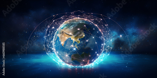 blue planet earth with space, Futuristic abstract background the earth is connected by the global internet noosphere of the earth, Space communications Image of the planet Earth, generative AI 