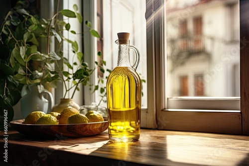 Golden goodness. Fresh olive oil in glass bottle. Mediterranean elixir. Healthy green. Nature bounty. Freshly pressed extra virgin
