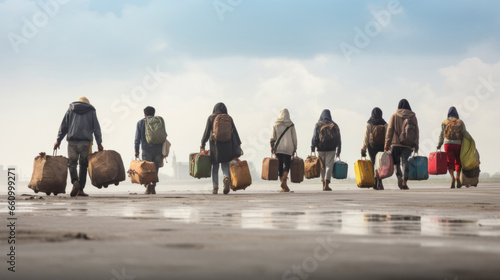 Refugees walking with bags and suitcases. War zone, homeless seeking asylum