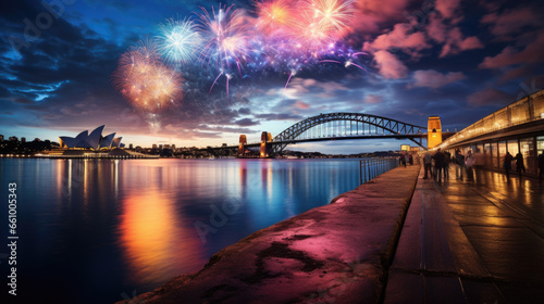 Colorful fireworks over a bridge in Australia