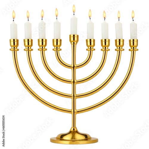 Hanukkah menorah with burning candles isolated on transparent background. AI generative