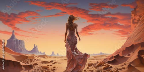 Photo of a woman standing in a desert, captured in a painting