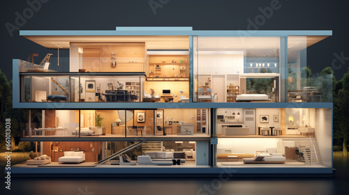 Modern home cross section 3d rendering