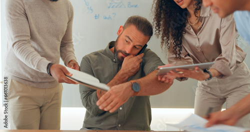 Phone call, multitasking and man with workflow crisis, business and conversation with planning, deadline and admin. People, manager and employees with chaos, schedule and staff in a workplace