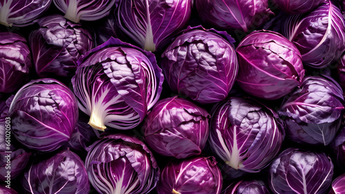 Heads of red cabbage in the form of a massive background. Generative AI.