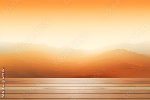 Golden sunset over misty mountains and calm water surface