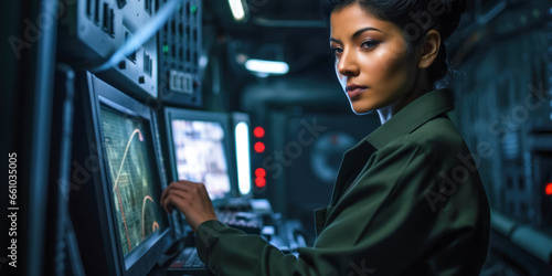A resourceful military woman mines important information from an encrypted database. A woman in military uniform in a room with computer screens.