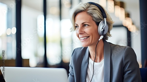 Happy professional mature female hr manager, smiling mature mid aged business woman in office wearing earbud looking at laptop computer having hybrid conference work meeting or remote job interview