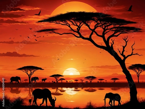 A Sunset Scene With Elephants And Birds