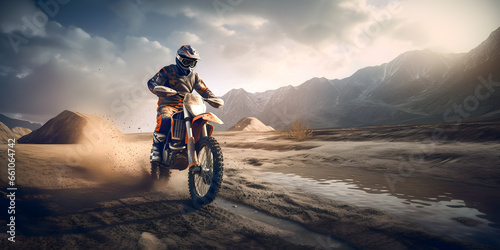 Rider biker Moto cross riding in mountain with dust. Extreme motocross sport banner