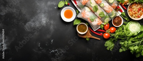 Explore Vietnamese cuisine with a neat flat lay featuring a delightful bowl of pho and fresh spring rolls, providing an inviting empty space for varied use.